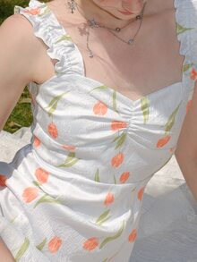 Vestido con estampado floral ribete con fruncido fruncido de muslo con abertura - Blanco - Ver 5