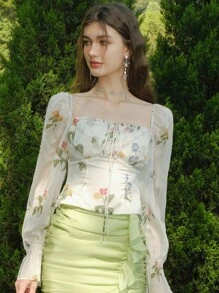 Floral Print Square Neck Tie Front Shirred Back Flounce Sleeve Blouse - Beige - View 2