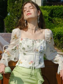 Floral Print Square Neck Tie Front Shirred Back Flounce Sleeve Blouse - Beige - View 4