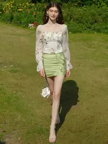 Floral Print Square Neck Tie Front Shirred Back Flounce Sleeve Blouse - Beige - View 5