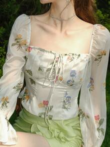 Floral Print Square Neck Tie Front Shirred Back Flounce Sleeve Blouse - Beige - View 6