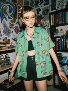 ROMWE Street Life 80s Mushroom Print Button Front Shirt - Mint Green - View 2