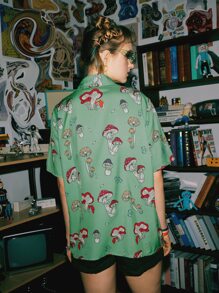 ROMWE Street Life 80s Mushroom Print Button Front Shirt - Mint Green - View 5