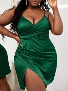 Slaydiva Plus Ruched Wrap Satin Cami Dress - Dark Green - View 1