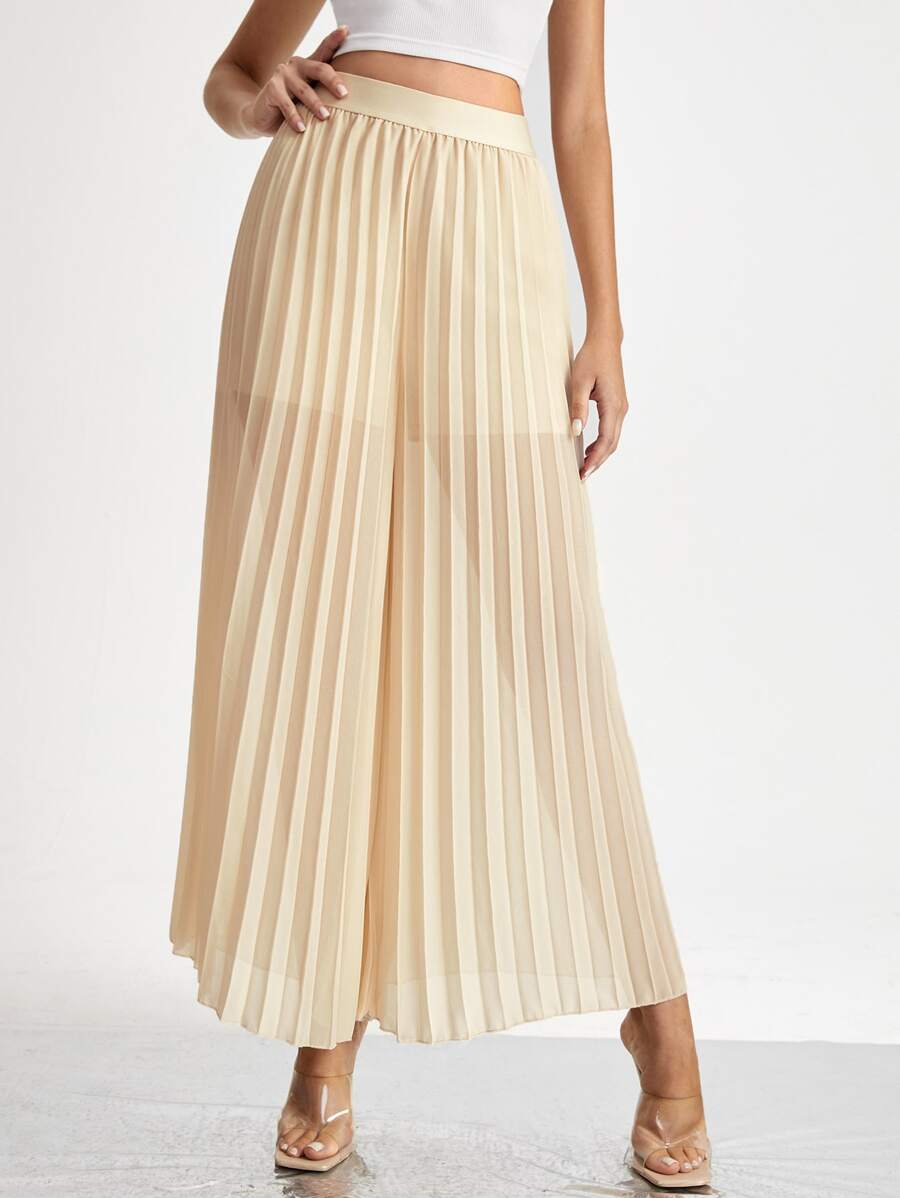 Solid Pleated Chiffon Wide Leg Trousers - Beige - View 1