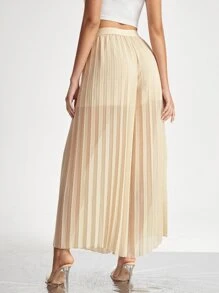 Solid Pleated Chiffon Wide Leg Trousers - Beige - View 2