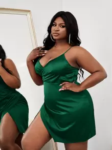 Slaydiva Plus Ruched Wrap Satin Cami Dress - Dark Green - View 3