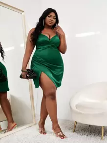 Slaydiva Plus Ruched Wrap Satin Cami Dress - Dark Green - View 4