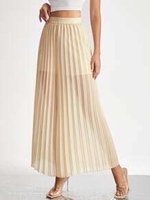 Solid Pleated Chiffon Wide Leg Trousers - Beige - View 4