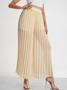 Solid Pleated Chiffon Wide Leg Trousers - Beige - View 5