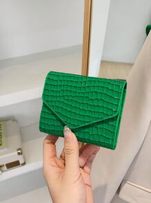 鱷魚壓紋短皮夾口袋皮夾小錢包身份窗戶三折女士皮夾 - 綠色 - 查看 1