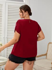 SHEIN Clasi Plus Pearl Beaded Fold Pleated Top - Burgundy - View 2