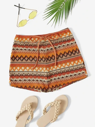 Soleia WYWH  Women Vacation Knot Waist Geo Print Khaki  Shorts