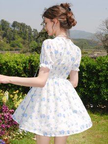 Vestido con estampado floral pecho con fruncido de manga farol - Blanco - Ver 2