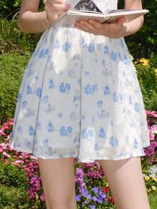 Vestido con estampado floral pecho con fruncido de manga farol - Blanco - Ver 7