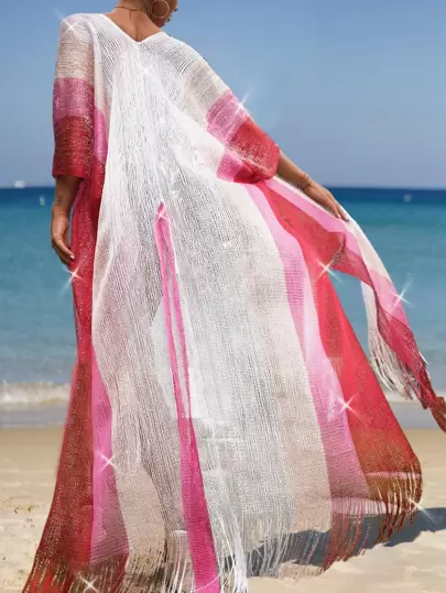 Bikinx 拼色流苏边饰前结和服夏季