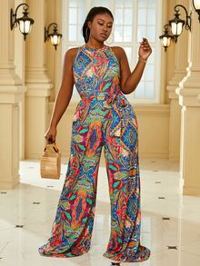 大碼滿版印花鏤空後拉鏈腰帶連身褲 - 彩色 - 查看 5