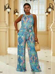 Plus Allover Print Belted Wide Leg Jumpsuit - Multicolor - View 1
