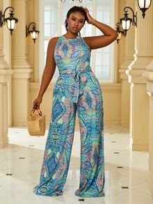 Plus Allover Print Belted Wide Leg Jumpsuit - Multicolor - View 4