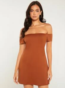 SHEIN BASICS 素色一字肩連衣裙 - 鏽棕色 - 查看 4