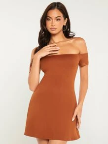 SHEIN BASICS 素色一字肩連衣裙 - 鏽棕色 - 查看 5