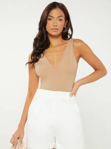 SHEIN BASICS 素色V領背心上衣 - 杏色 - 查看 3