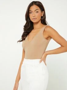 SHEIN BASICS 素色V領背心上衣 - 杏色 - 查看 4