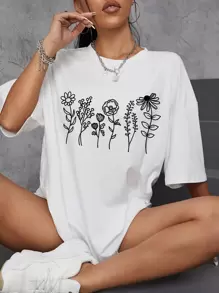 SHEIN EZwear Áo thun nữ Hoa Giải trí - trắng - Xem 1
