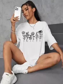 SHEIN EZwear Áo thun nữ Hoa Giải trí - trắng - Xem 3