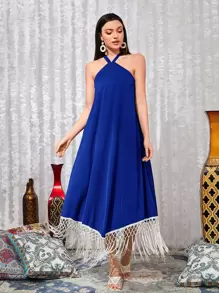 Mulvari Fringe Trim Criss Cross Back Dress - Royal Blue - View 1