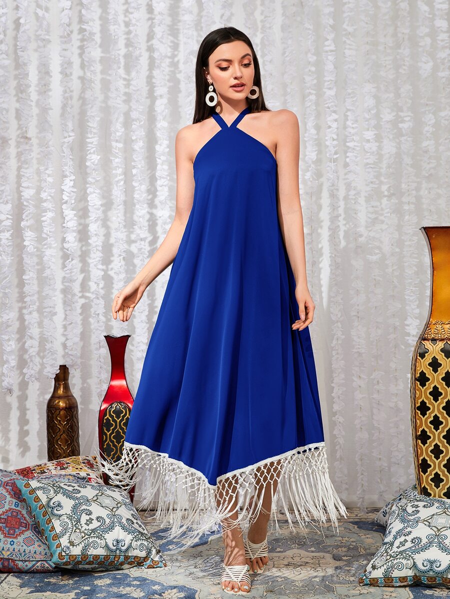 Mulvari Fringe Trim Criss Cross Back Dress - Royal Blue - View 1