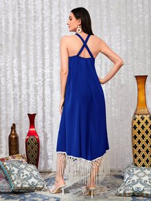 Mulvari Fringe Trim Criss Cross Back Dress - Royal Blue - View 2
