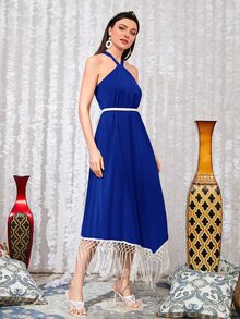 Mulvari Fringe Trim Criss Cross Back Dress - Royal Blue - View 3