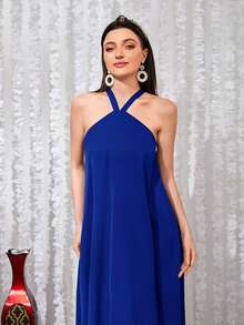 Mulvari Fringe Trim Criss Cross Back Dress - Royal Blue - View 4