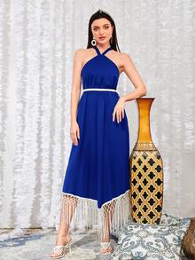 Mulvari Fringe Trim Criss Cross Back Dress - Royal Blue - View 6