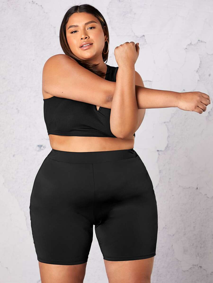SHEIN CURVE+ Plus Solid High Waist Cycling Shorts - Black - View 1