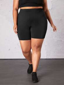 SHEIN CURVE+ Plus Solid High Waist Cycling Shorts - Black - View 3