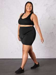 SHEIN CURVE+ Plus Solid High Waist Cycling Shorts - Black - View 4
