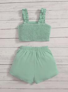SHEIN meninas pequenas acabamento de folho Top camis & detalhe do botão Shorts