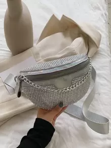 Bolso de pecho con cadena decorativa con strass, bolso de cintura de una sola pieza - Plateado - Ver 2