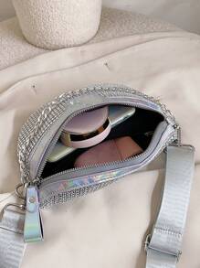 Bolso de pecho con cadena decorativa con strass, bolso de cintura de una sola pieza - Plateado - Ver 4