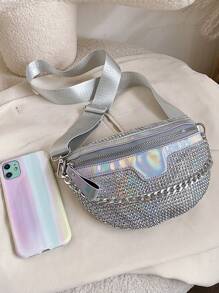 Bolso de pecho con cadena decorativa con strass, bolso de cintura de una sola pieza - Plateado - Ver 5