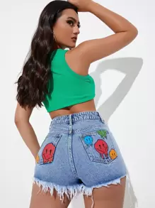 SHEIN EZwear Shorts en mezclilla con estampado de cara de dibujos animados desgarro ribete sin dobladillo - Lavado ligero - Ver 2