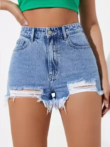 SHEIN EZwear Shorts en mezclilla con estampado de cara de dibujos animados desgarro ribete sin dobladillo - Lavado ligero - Ver 3