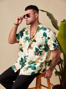 Manfinity VCAY Camisa para hombres de talla grande con estampado tropical, botones en la manga corta, gráfico colorido, camisa de vacaciones en la playa - Multicolor - Ver 1