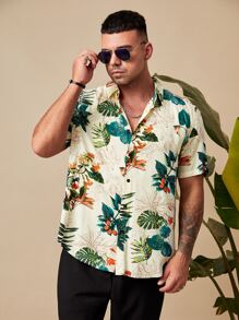 Manfinity VCAY Camisa para hombres de talla grande con estampado tropical, botones en la manga corta, gráfico colorido, camisa de vacaciones en la playa - Multicolor - Ver 3