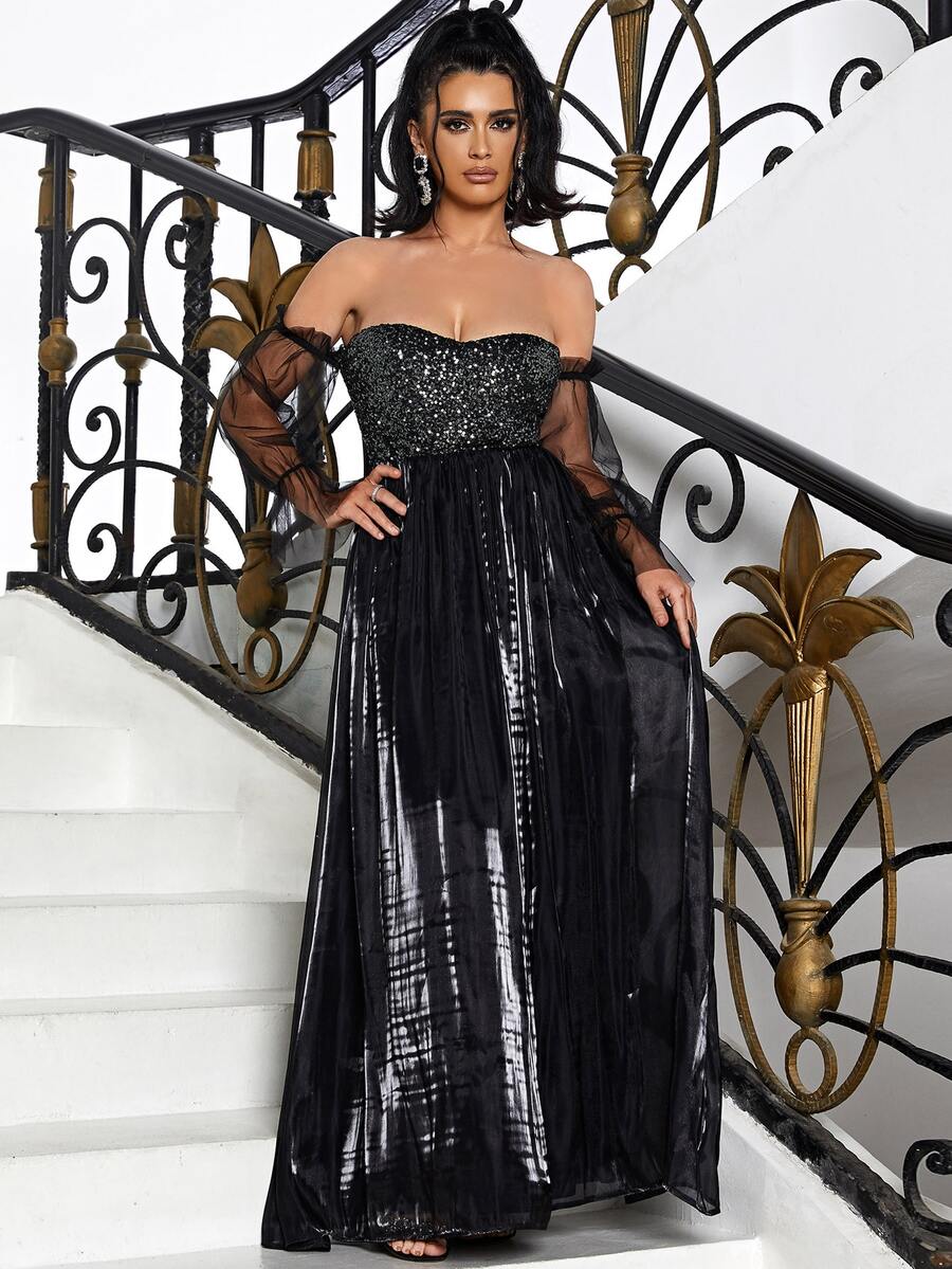 Missord Đầm Tương phản Mesh ghép mộng kim sa Dây kéo Cà vạt nhuộm Hấp dẫn - màu đen - Xem 1