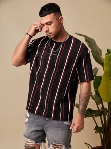 Manfinity VCAY 男士塊狀條紋和字母圖案T恤 - 紅色 - 查看 3