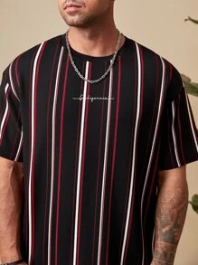 Manfinity VCAY 男士塊狀條紋和字母圖案T恤 - 紅色 - 查看 4