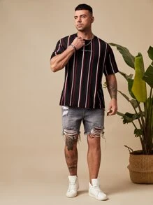 Manfinity VCAY 男士塊狀條紋和字母圖案T恤 - 紅色 - 查看 5